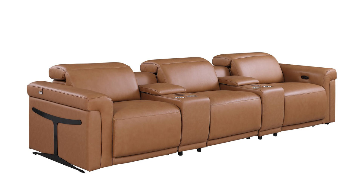 1126 Divanitalia 5-Piece Modular Power Reclining Sofa in Top Grain Italian Leather with 3 Power Recliners & Power Headrests - Cognac - SKU 1126-COGNAC-5.3-HT - view 4