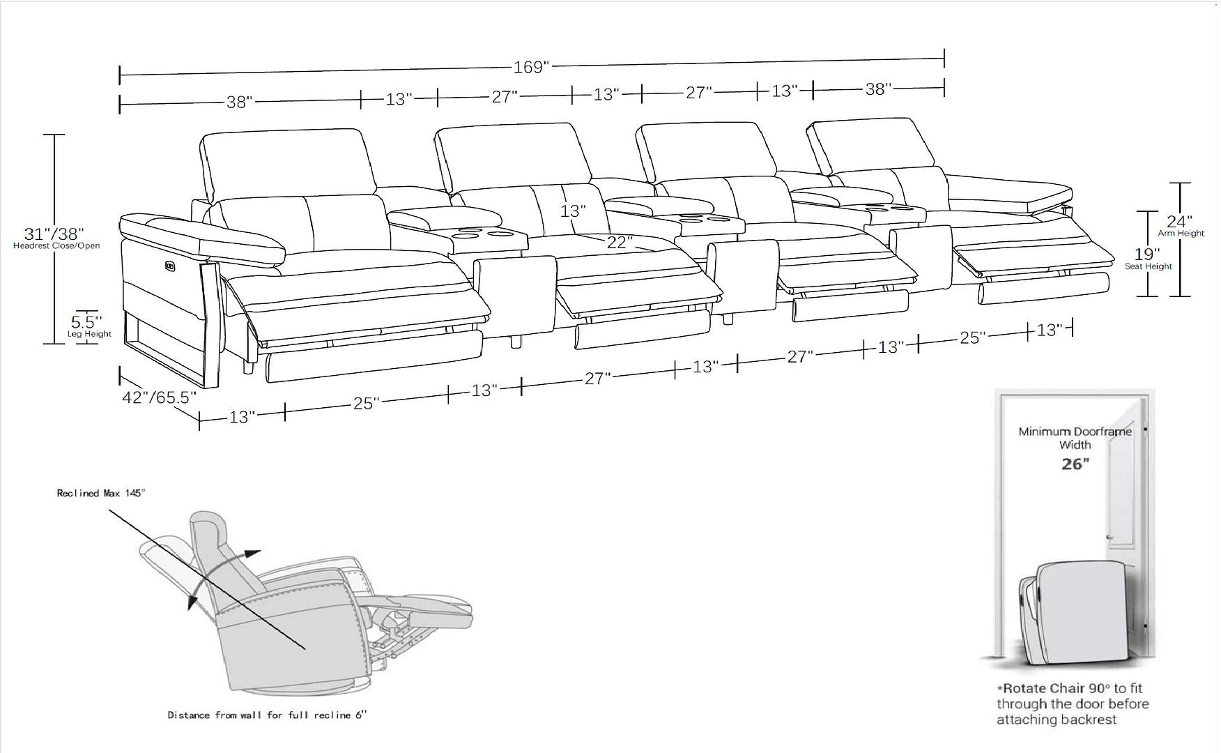 1246 Divanitalia Modular Power Triple Reclining Triple Console Sofa with Power Reclining Headrests - Top Grain Italian Leather