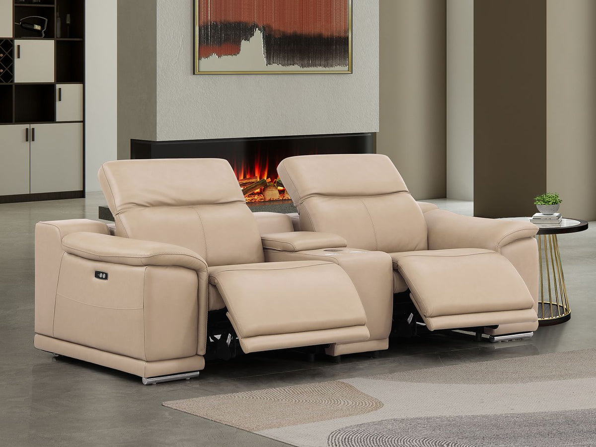 2679 Genuine Leather Console Loveseat with Dual Power Recliners - Beige - SKU 2679-BEIGE-3.2-HT - view 2