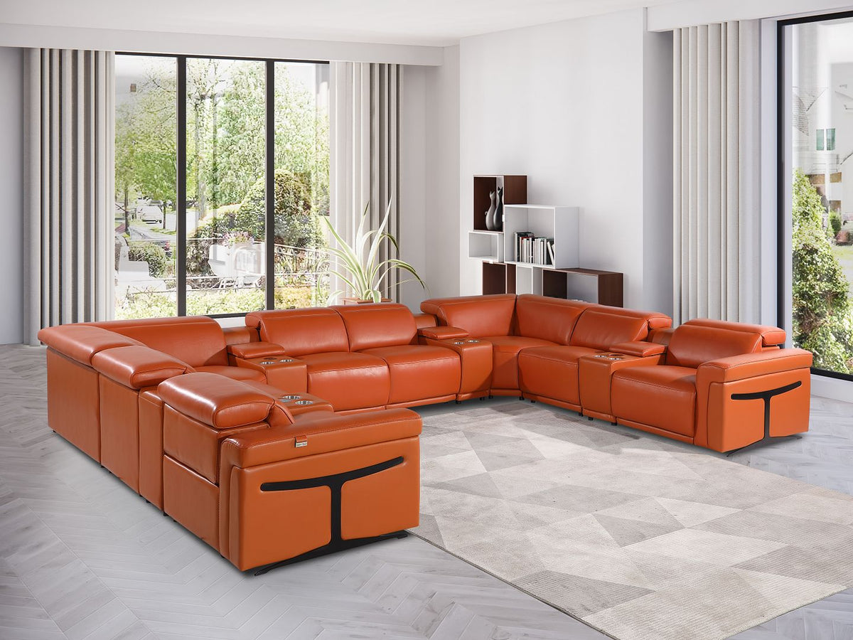 1126 Divanitalia 12-Piece U-Shaped Sectional Sofa in Top Grain Italian Leather with 4 Power Recliners & Power Headrests - Camel - SKU 1126-CAMEL-12PC-4PWR-U-SECTIONAL-GROUP