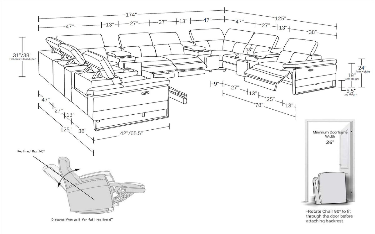 1246 Divanitalia 12-Piece U-Shaped Modular Power Reclining Sectional Sofa with 4 Power Recliners and Power Headrests - Top Grain Italian Leather - Camel - SKU 1246-CAMEL-12PC-4PWR-U-SECTIONAL - view 15