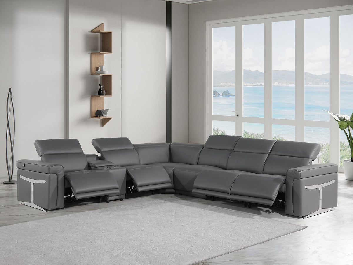 1126 Divanitalia 7-Piece L-Shaped Sectional Sofa in Top Grain Italian Leather with 4 Power Recliners & Power Headrests - Dark Grey - SKU 1126-DK-GREY-SEC-7PC-4PWR-SECTIONAL-GROUP