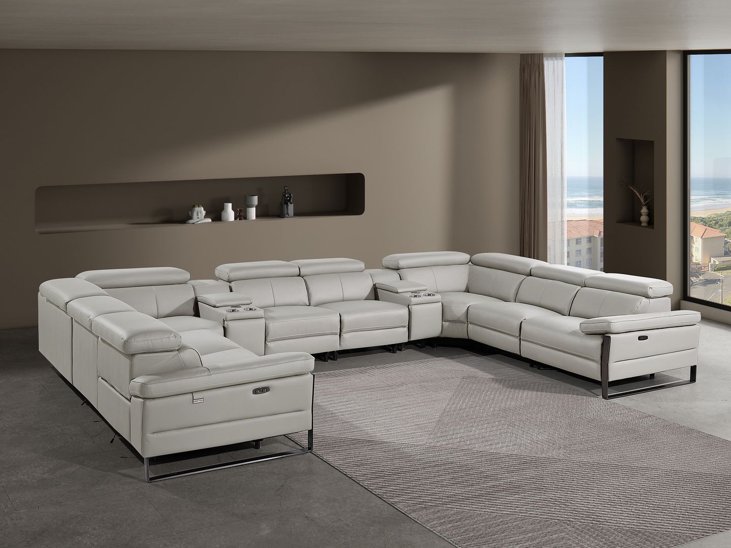 1246 Divanitalia 10-Piece U-Shaped Modular Power Reclining Sectional Sofa with 4 Power Recliners and Power Headrests - Top Grain Italian Leather - Light Grey