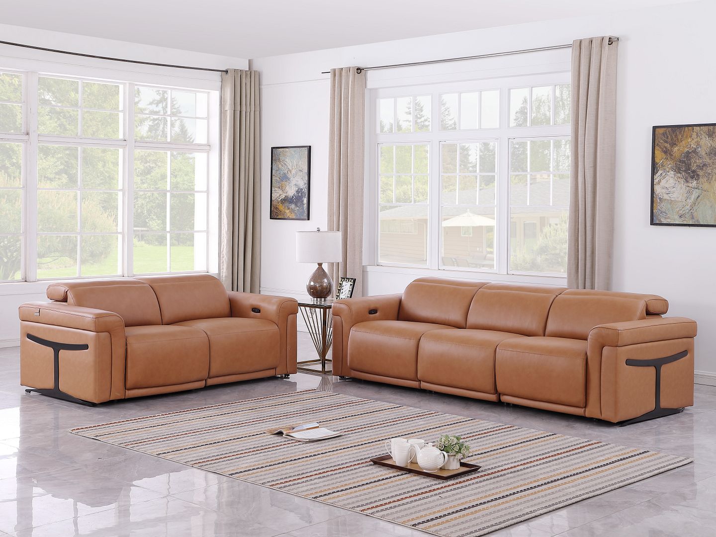 1126 Divanitalia 5-Piece Modular Power Reclining Sofa and Loveseat Set in Top Grain Italian Leather with 4 Power Recliners & Power Headrests - Cognac
