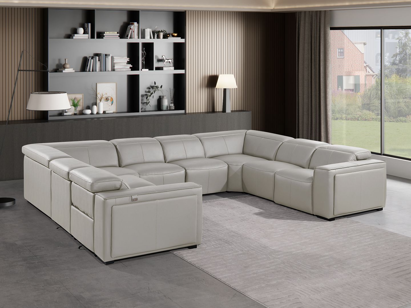 1224 Divanitalia 8-Piece U-Shaped Sectional Sofa in Top Grain Italian Leather with 4 Power Recliners & Power Headrests - Light Grey