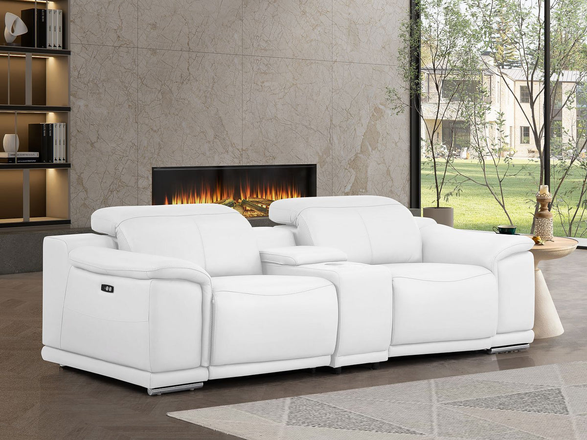 2679 Genuine Leather Console Loveseat with Dual Power Recliners - White - SKU 2679-WHITE-3.2-HT
