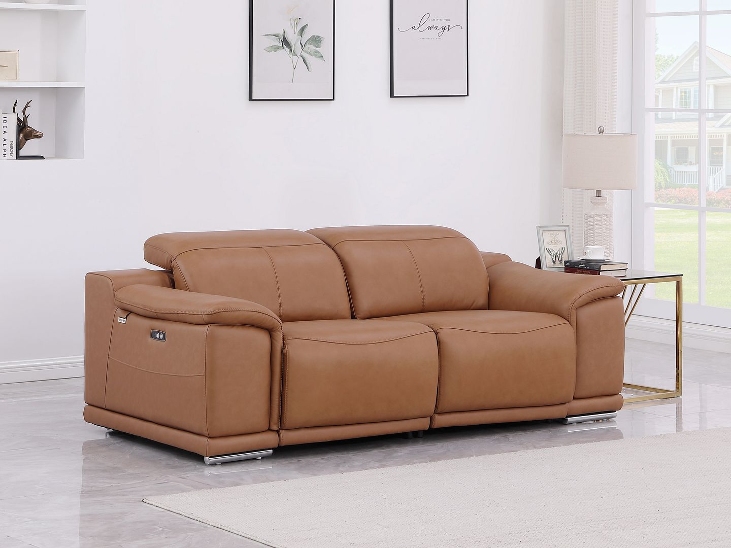 9762 Divanitalia 3-Piece Modular Power Reclining Console Loveseat with 2 Power Recliners in Top Grain Italian Leather - Cognac