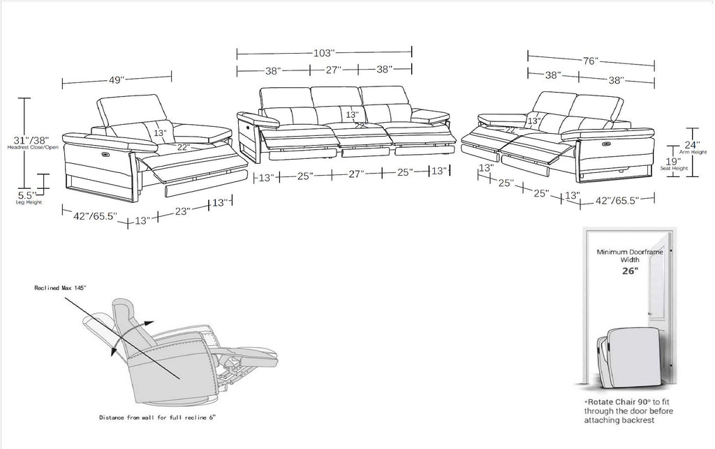 1246 Divanitalia Modular Power Triple Reclining Sofa, Loveseat, and Chair Set with Power Headrests - Top Grain Italian Leather - Light Grey - SKU 1246-LT-GREY-6.6-HT-3PC - view 14