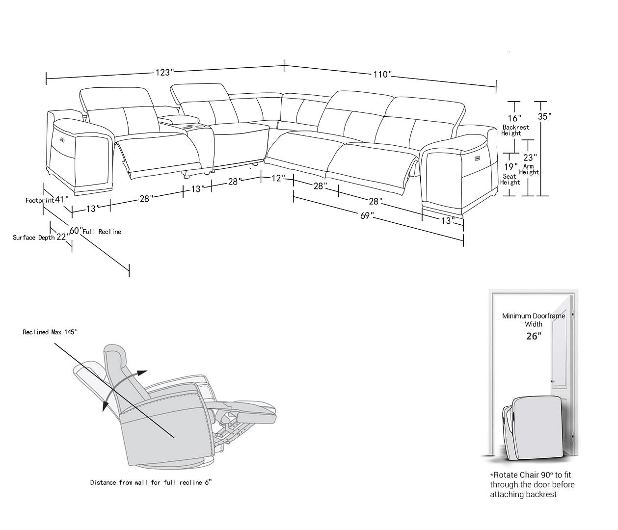 2679 6-Piece L-Shaped Power Reclining Sectional Sofa in Genuine Leather - 3 Recliners