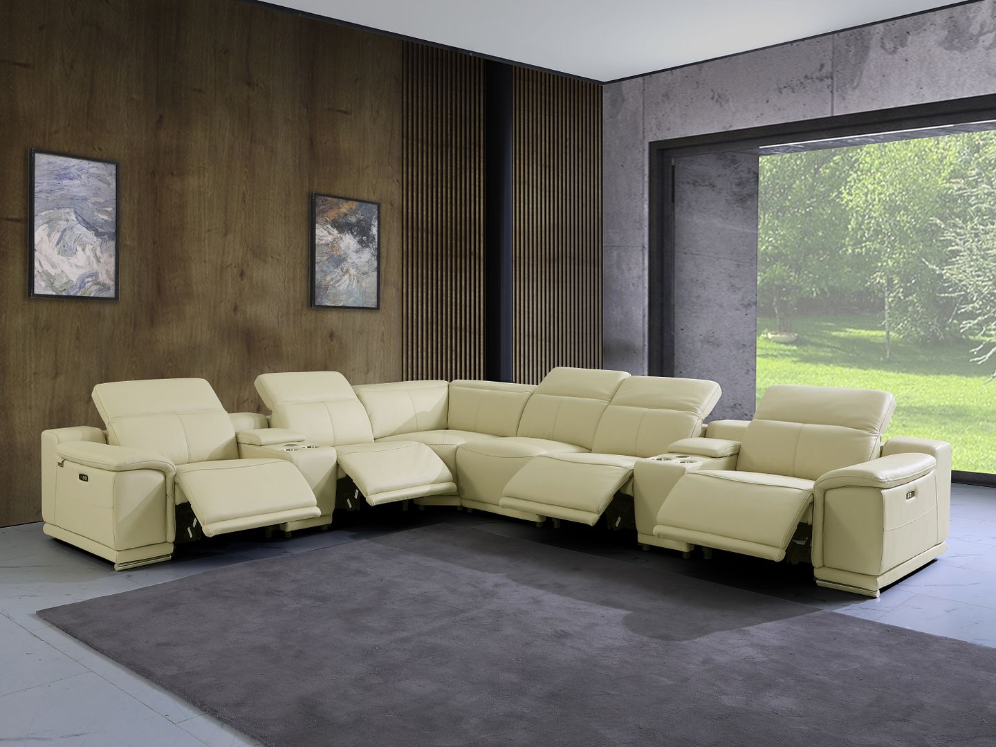 9762 Divanitalia 8-Piece L-Shaped Top Grain Italian Leather Sectional Sofa with 4 Power Recliners - Beige