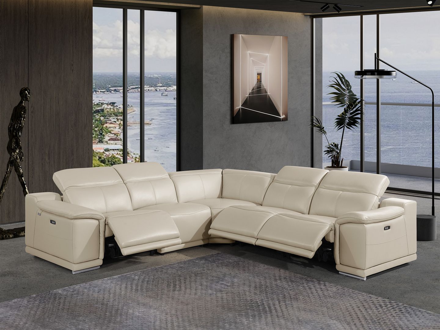 9762 Divanitalia 5-Piece L-Shaped Top Grain Italian Leather Sectional Sofa with 3 Power Recliners - Beige