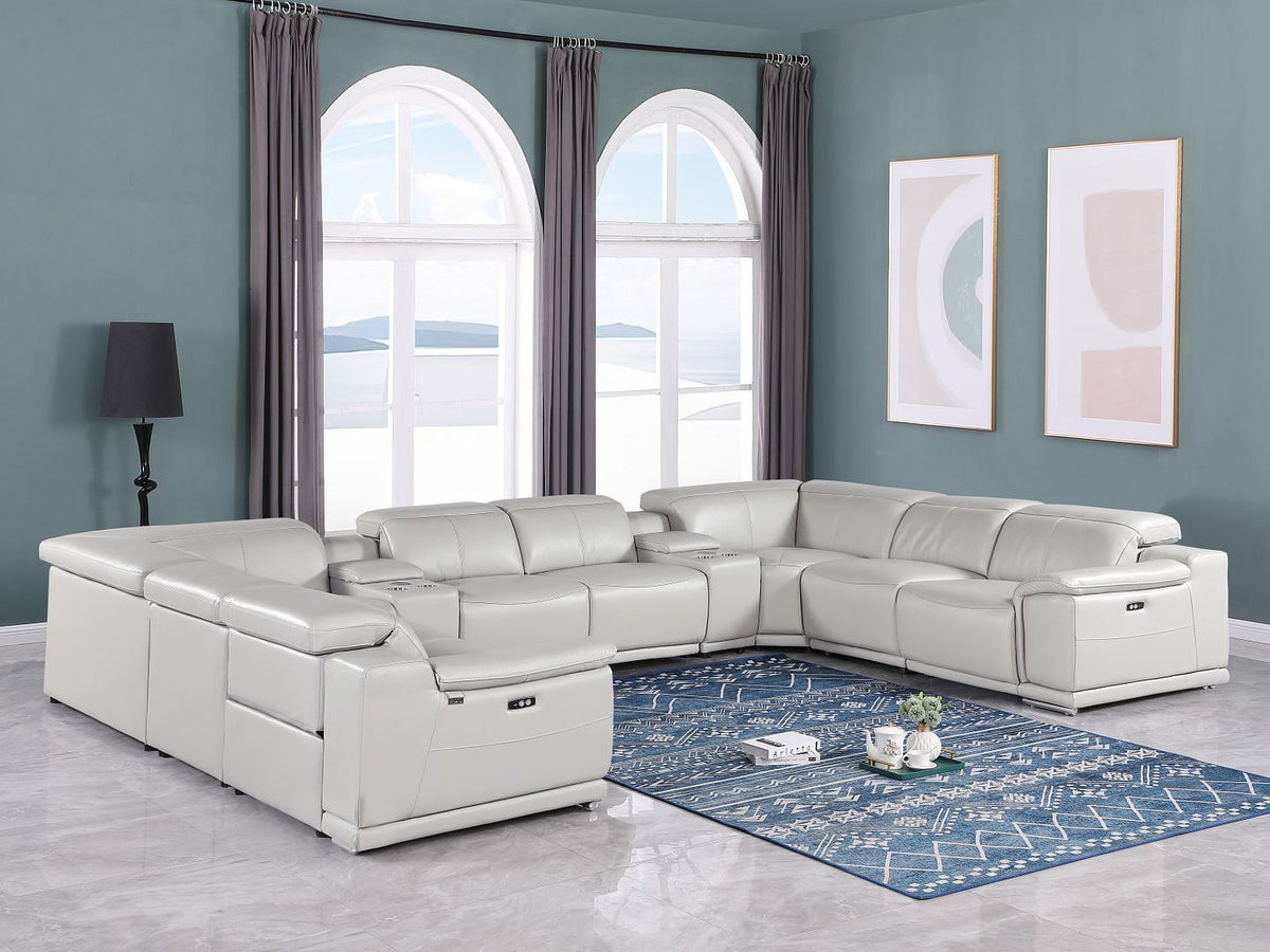 9762 Divanitalia 10-Piece U-Shaped Top Grain Italian Leather Sectional Sofa with 4 Power Recliners - Light Grey - SKU 9762-LT-GREY-10PC-4PWR-U-SECTIONAL-GROUP