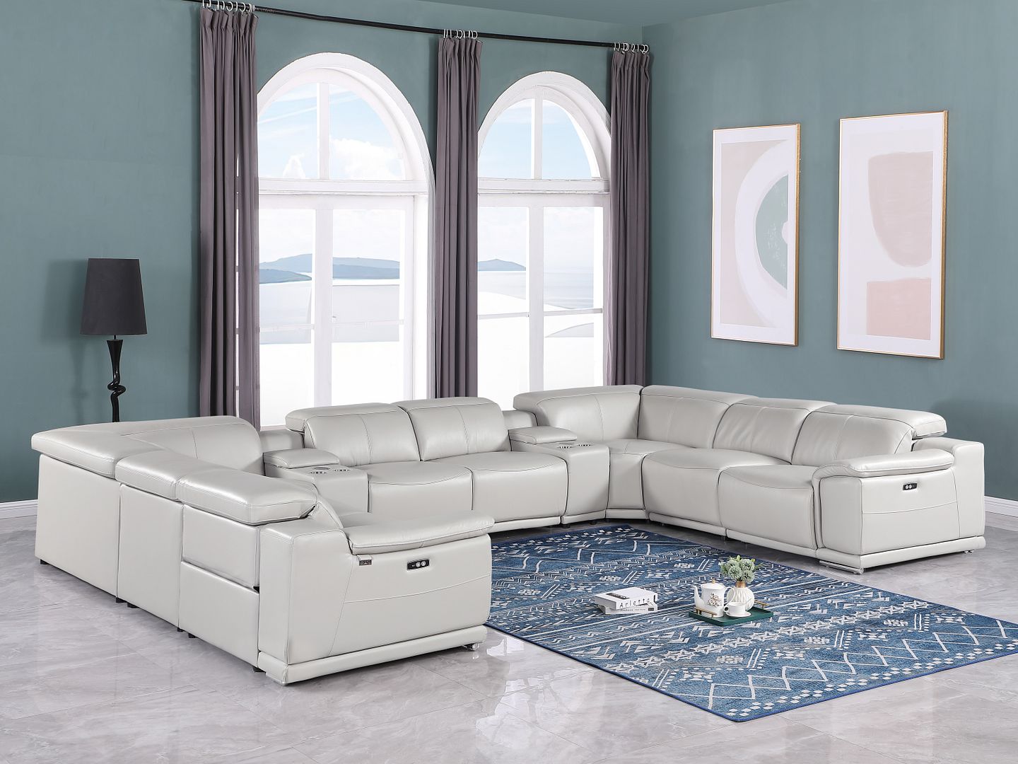 9762 Divanitalia 10-Piece U-Shaped Top Grain Italian Leather Sectional Sofa with 4 Power Recliners - Light Grey