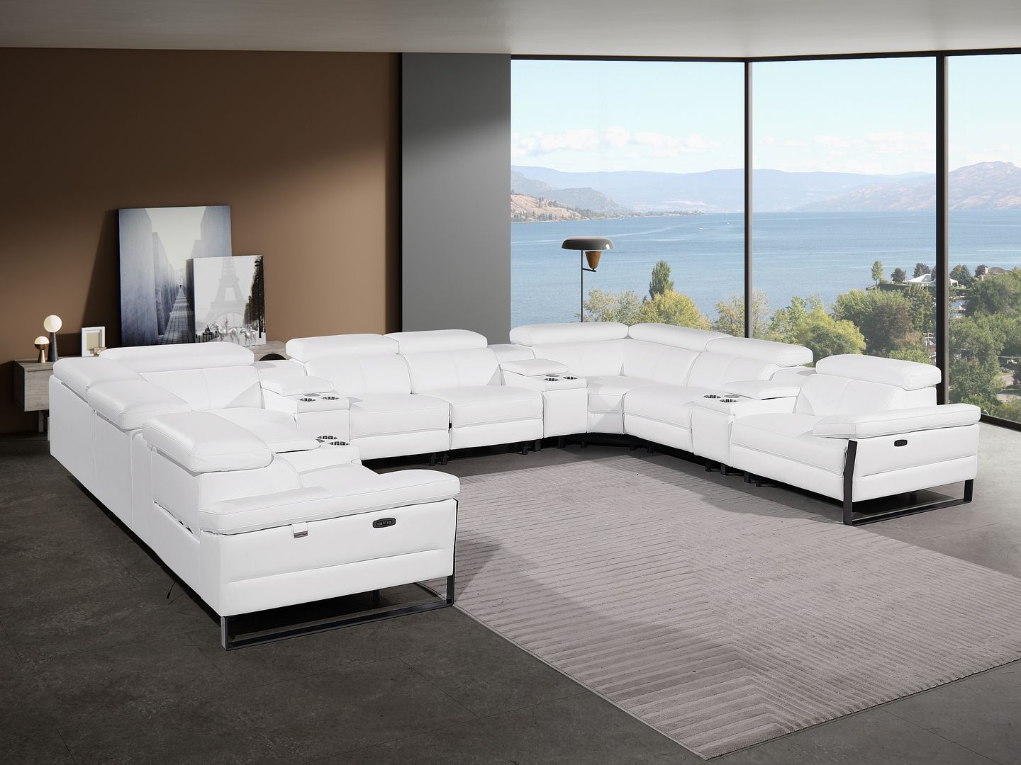 1246 Divanitalia 12-Piece U-Shaped Modular Power Reclining Sectional Sofa with 4 Power Recliners and Power Headrests - Top Grain Italian Leather - Black