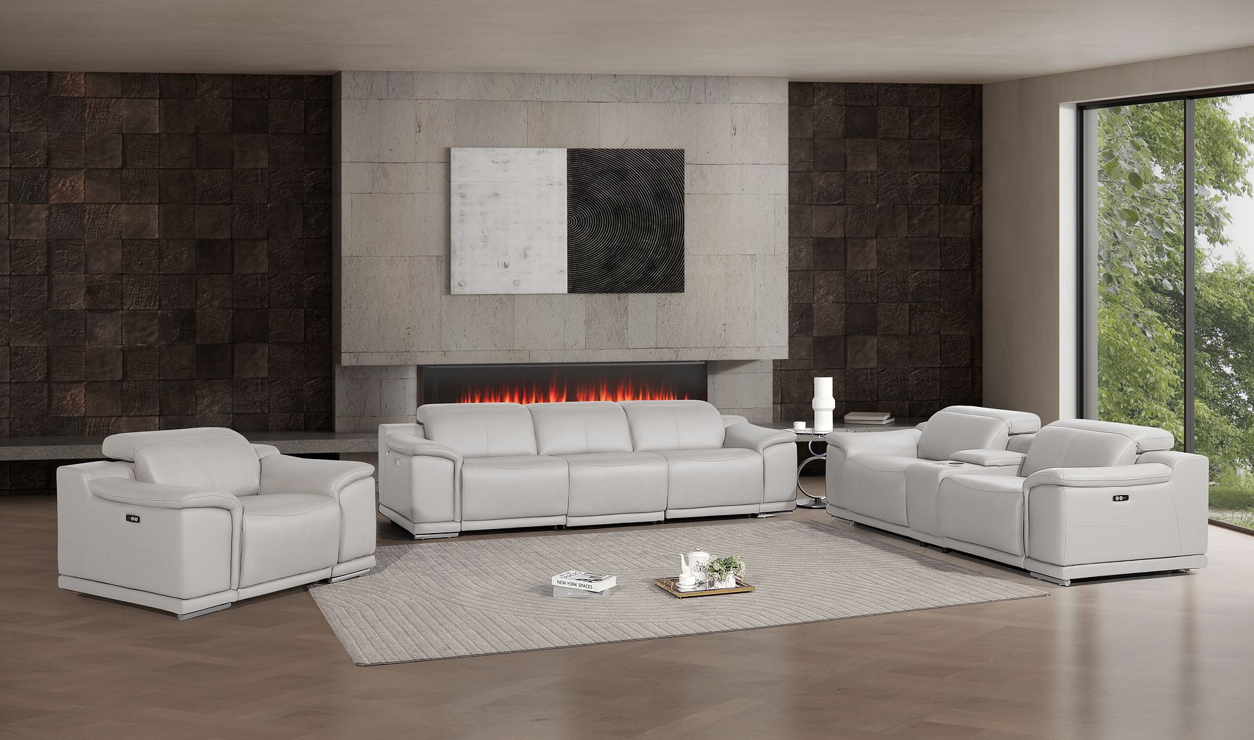 2679 Power Reclining Sofa, Console Loveseat & Chair Set in Genuine Leather - 6 Recliners - Light Grey