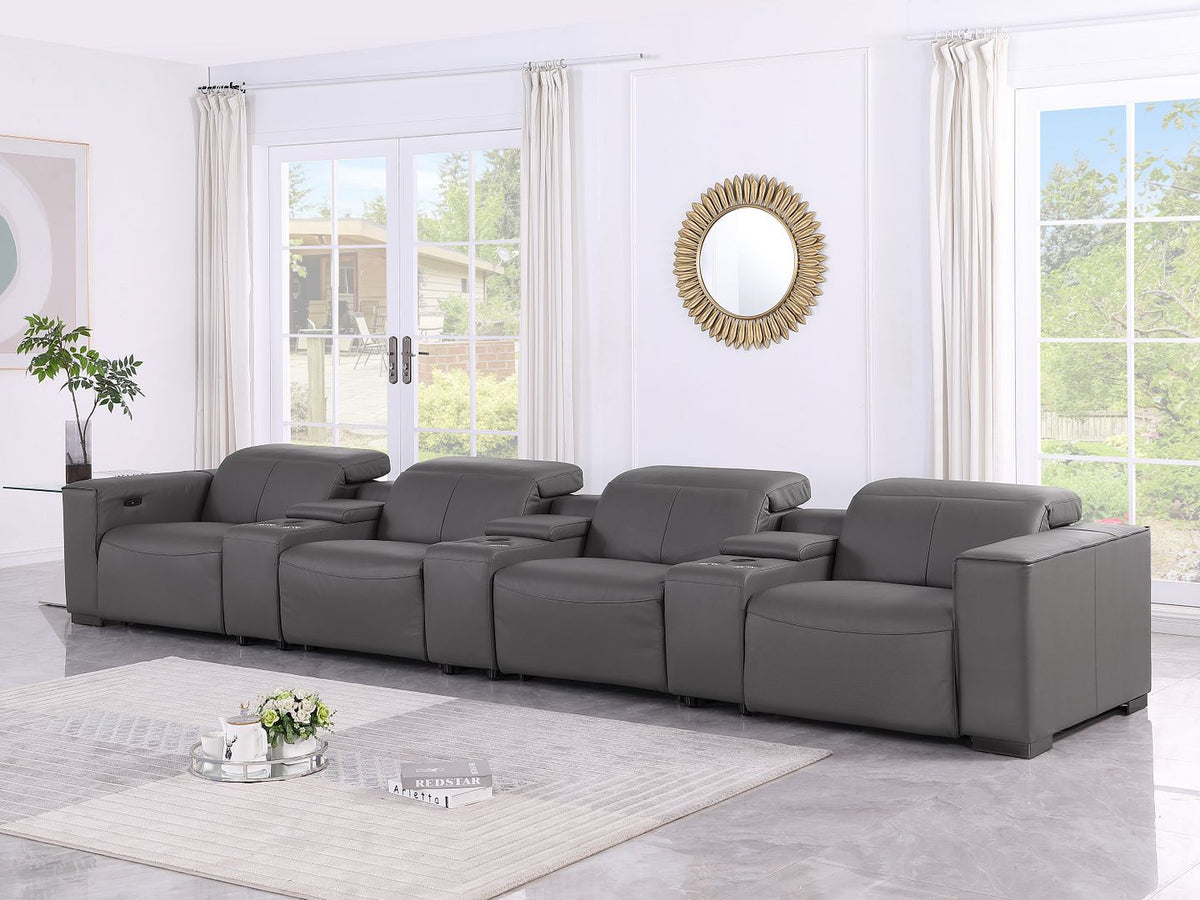 1208 7 Piece Leather Sofa with 4 Power Recliners and Power Headrests - Dark Grey - SKU 1208-DK-GREY-S-7.4-HT