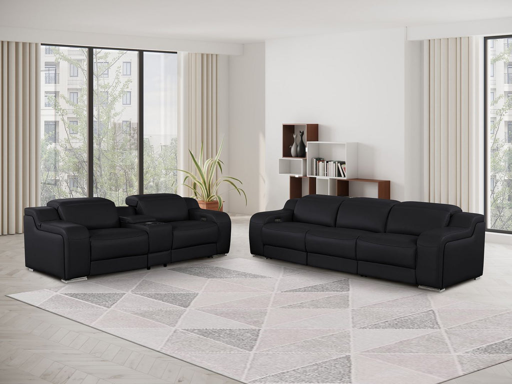 1116 DivanItalia Black  6-Piece Modular Power Reclining Sofa and Console Loveseat Set in Top Grain Italian Leather with 5 Power Recliners & Power - free Headrestshite glove delviery in LA, Ventura and Orange counties