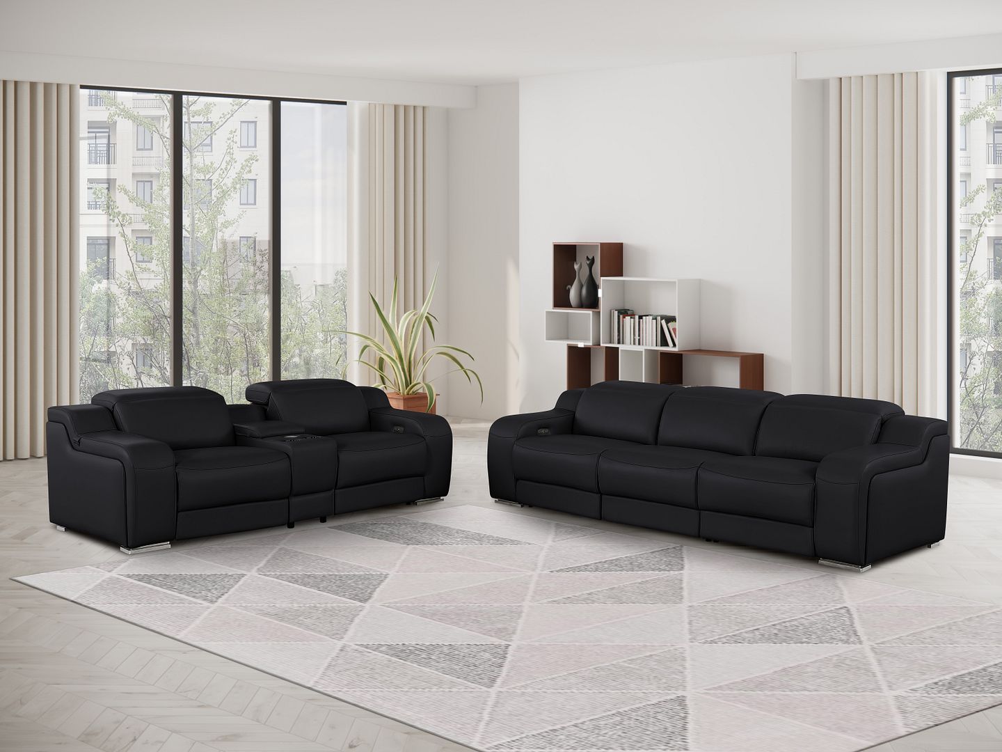 1116 DivanItalia Black  6-Piece Modular Power Reclining Sofa and Console Loveseat Set in Top Grain Italian Leather with 5 Power Recliners & Power - free Headrestshite glove delviery in LA, Ventura and Orange counties