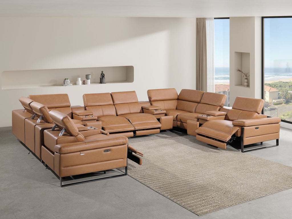 1246 Divanitalia 12-Piece U-Shaped Modular Power Reclining Sectional Sofa with 4 Power Recliners and Power Headrests - Top Grain Italian Leather - Cognac - SKU 1246-COGNAC-12PC-4PWR-U-SECTIONAL - view 2
