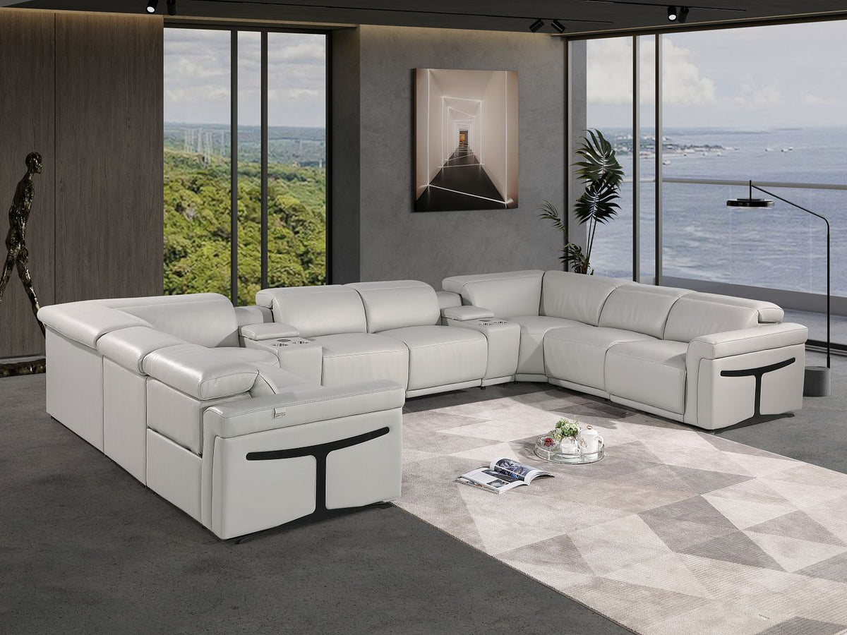 1126 Divanitalia 10-Piece U-Shaped Sectional Sofa in Top Grain Italian Leather with 4 Power Recliners & Power Headrests - Light Grey - SKU 1126-LT_GREY-10PC-4PWR-U-SECTIONAL-GROUP