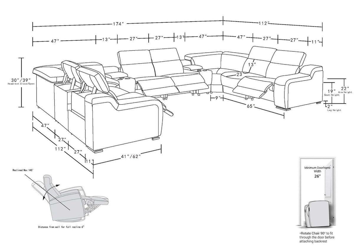 1116 Divanitalia 10-Piece U-Shaped Sectional Sofa in Top Grain Italian Leather with 4 Power Recliners & Power Headrests - Dark Grey - SKU 1116-DK_GREY-10PC-4PWR-U-SECTIONAL-GROUP - view 17