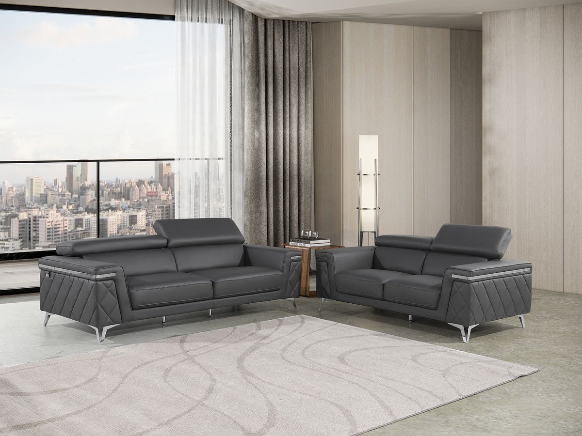1140 Divanitalia 2-Piece Sofa Set with Adjustable Headrest in Top-grain Italian Leather - Dark Grey - SKU 1140-DK-GREY-2PC