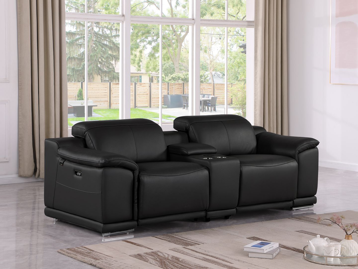 9762 Divanitalia 3-Piece Modular Power Reclining Console Loveseat with 2 Power Recliners in Top Grain Italian Leather - Black