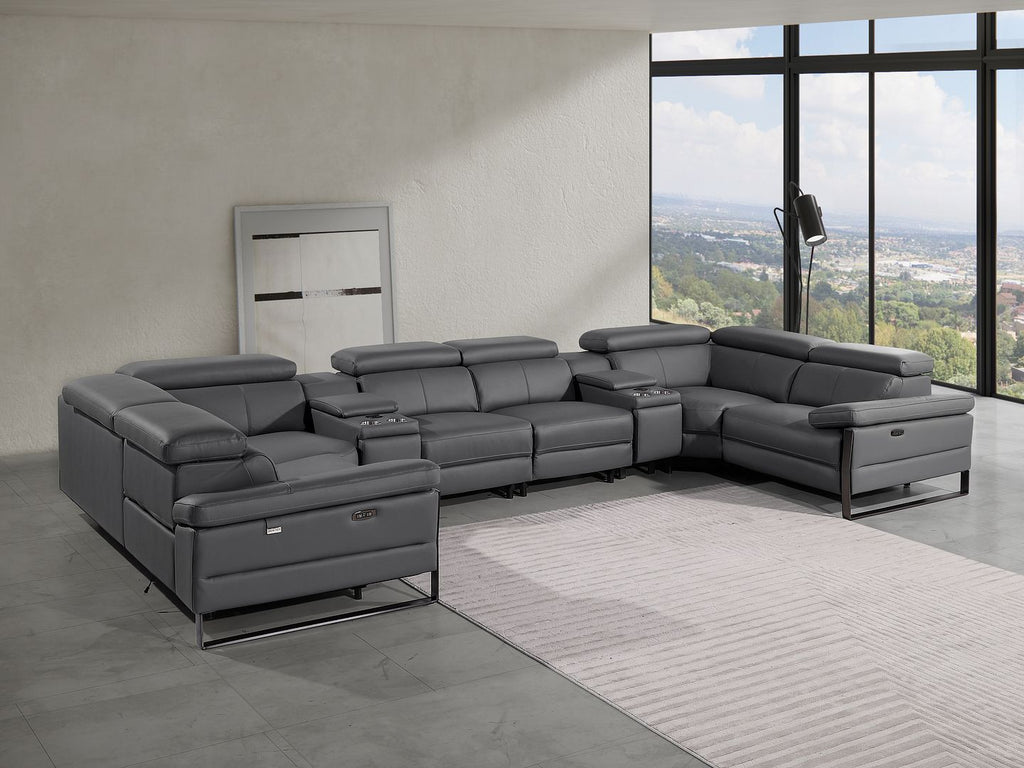 1246 Divanitalia 8-Piece U-Shaped Modular Power Reclining Sectional Sofa with 4 Power Recliners and Power Headrests - Top Grain Italian Leather - Dark Grey