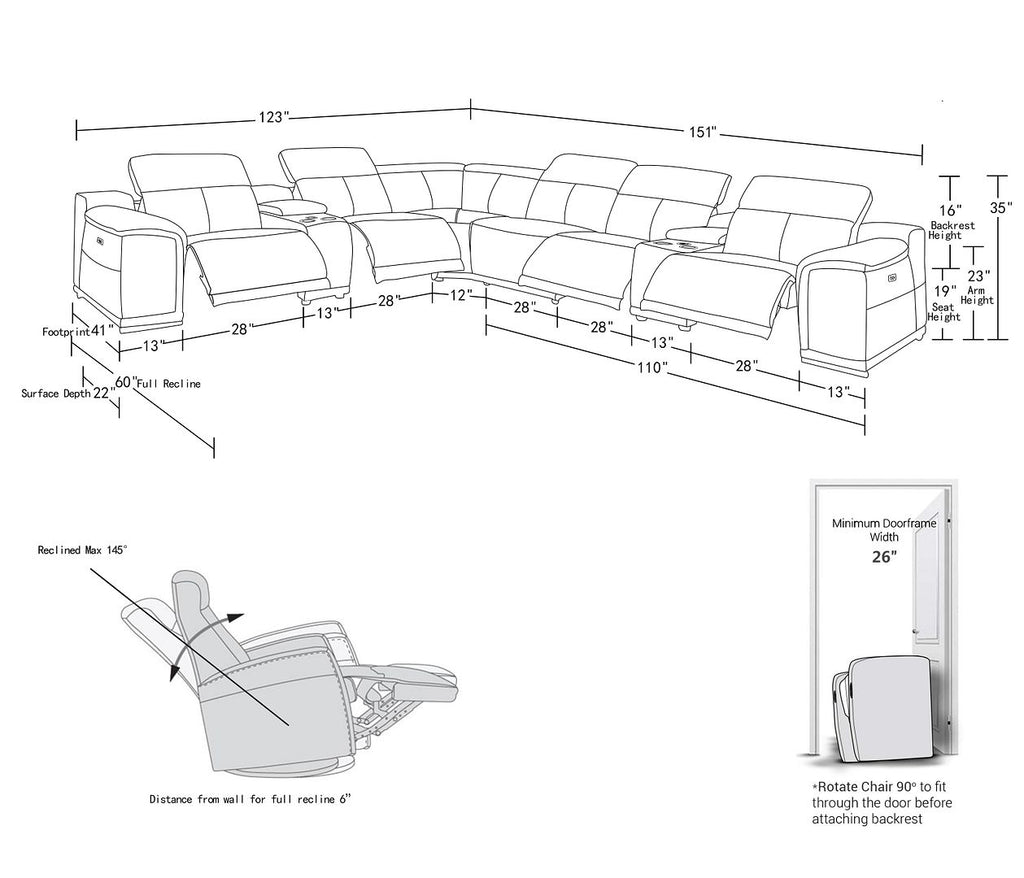 9762 Divanitalia 8-Piece L-Shaped Top Grain Italian Leather Sectional Sofa with 3 Power Recliners
