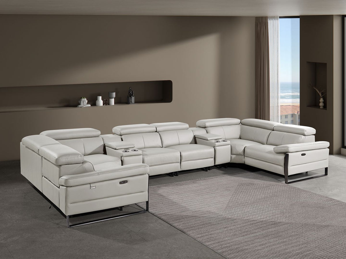 1246 Divanitalia 8-Piece U-Shaped Modular Power Reclining Sectional Sofa with 4 Power Recliners and Power Headrests - Top Grain Italian Leather - Light Grey - SKU 1246-LT-GREY-8PC-4PWR-U-SECTIONAL