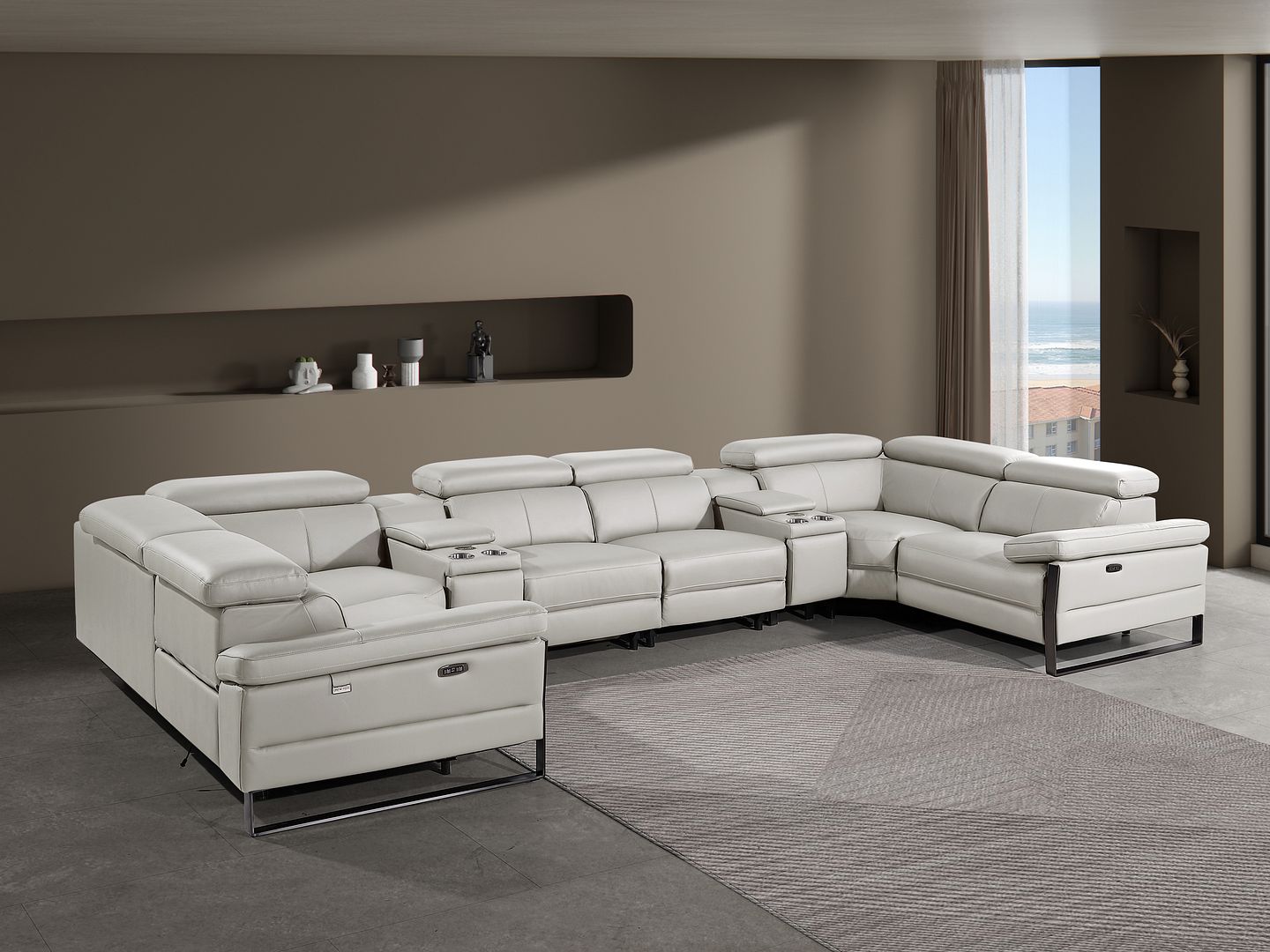 1246 Divanitalia 8-Piece U-Shaped Modular Power Reclining Sectional Sofa with 4 Power Recliners and Power Headrests - Top Grain Italian Leather - Light Grey