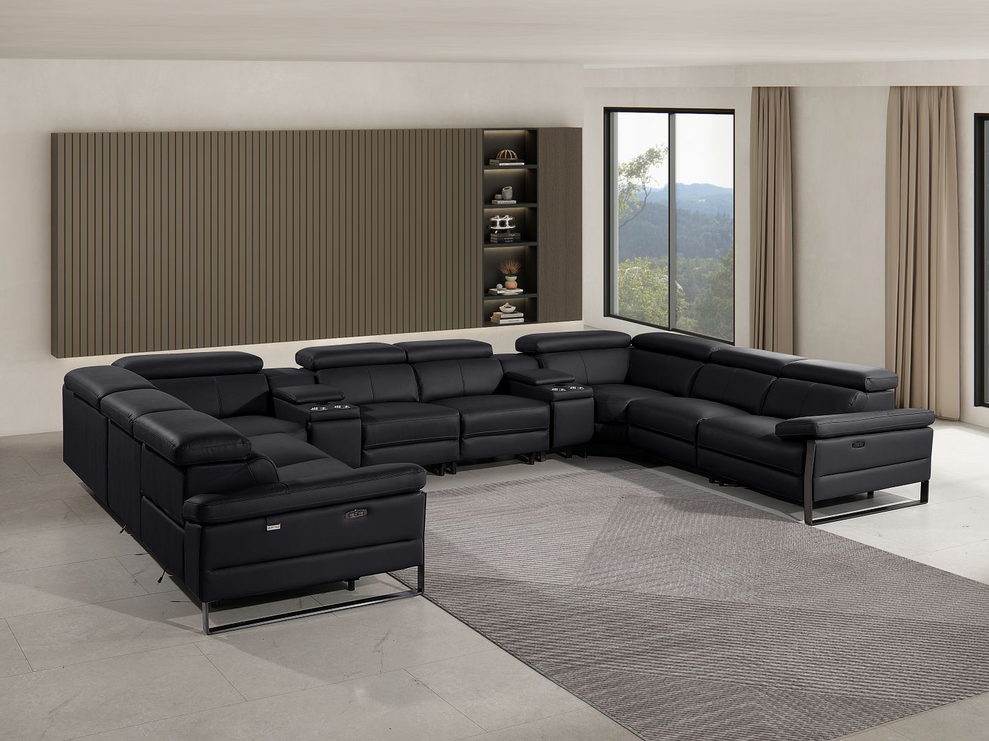 1246 Divanitalia 10-Piece U-Shaped Modular Power Reclining Sectional Sofa with 4 Power Recliners and Power Headrests - Top Grain Italian Leather - Black