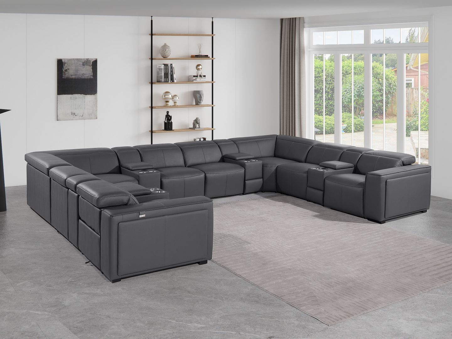 1224 Divanitalia 12-Piece U-Shaped Sectional Sofa in Top Grain Italian Leather with 4 Power Recliners & Power Headrests - Dark Grey