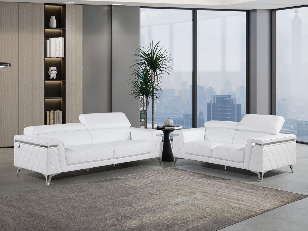1140 Divanitalia 2-Piece Sofa Set with Adjustable Headrest in Top-grain Italian Leather - White - SKU 1140-WHITE-2PC