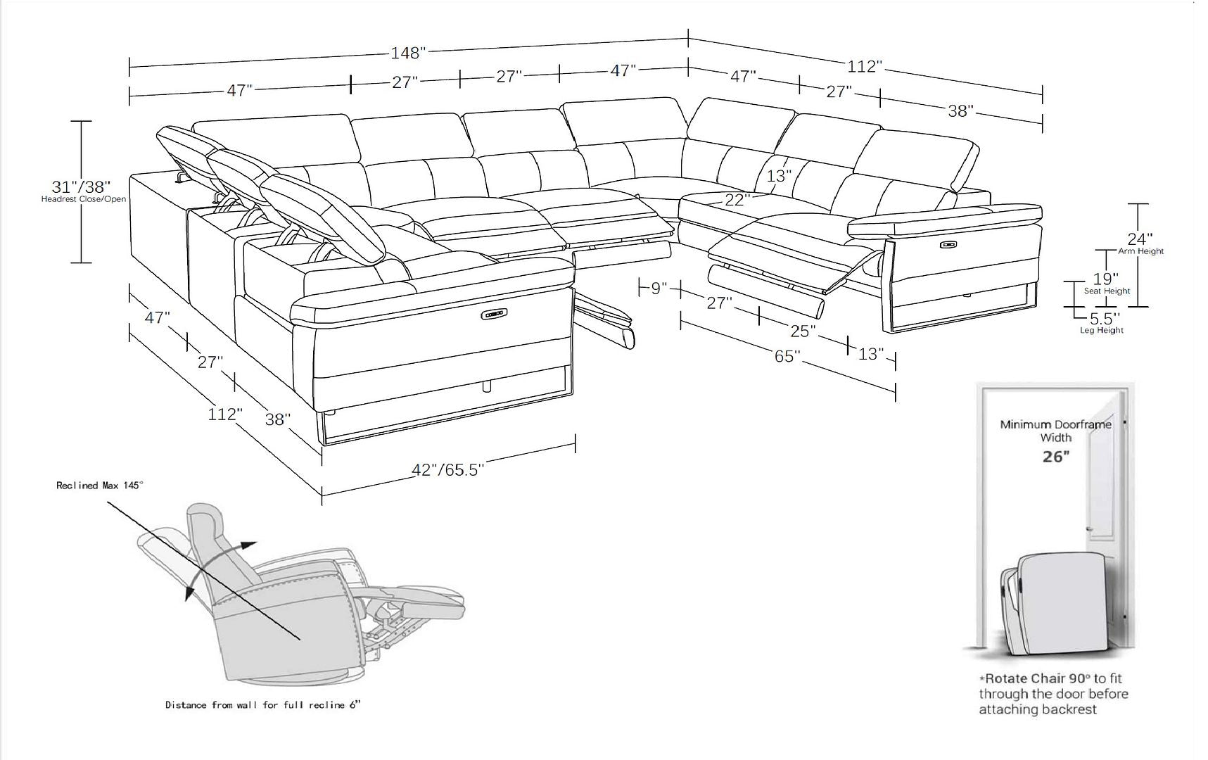 1246 Divanitalia 8-Piece U-Shaped Modular Power Reclining Sectional Sofa with 4 Power Recliners and Power Headrests - Top Grain Italian Leather