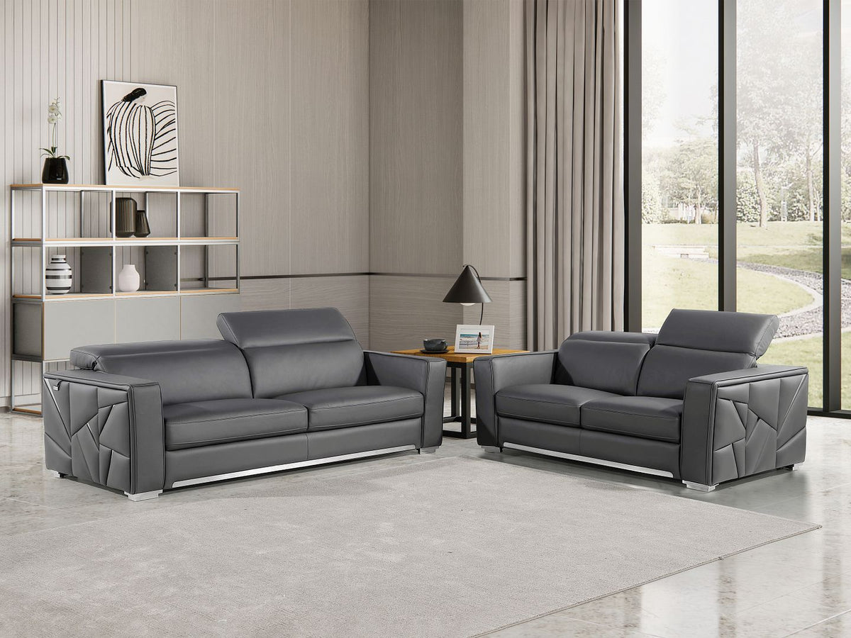 1120 Divanitalia 2-Piece Sofa Set with Adjustable Headrest in Top-grain Italian Leather - Dark Grey - SKU 1120-DK-GREY-2PC