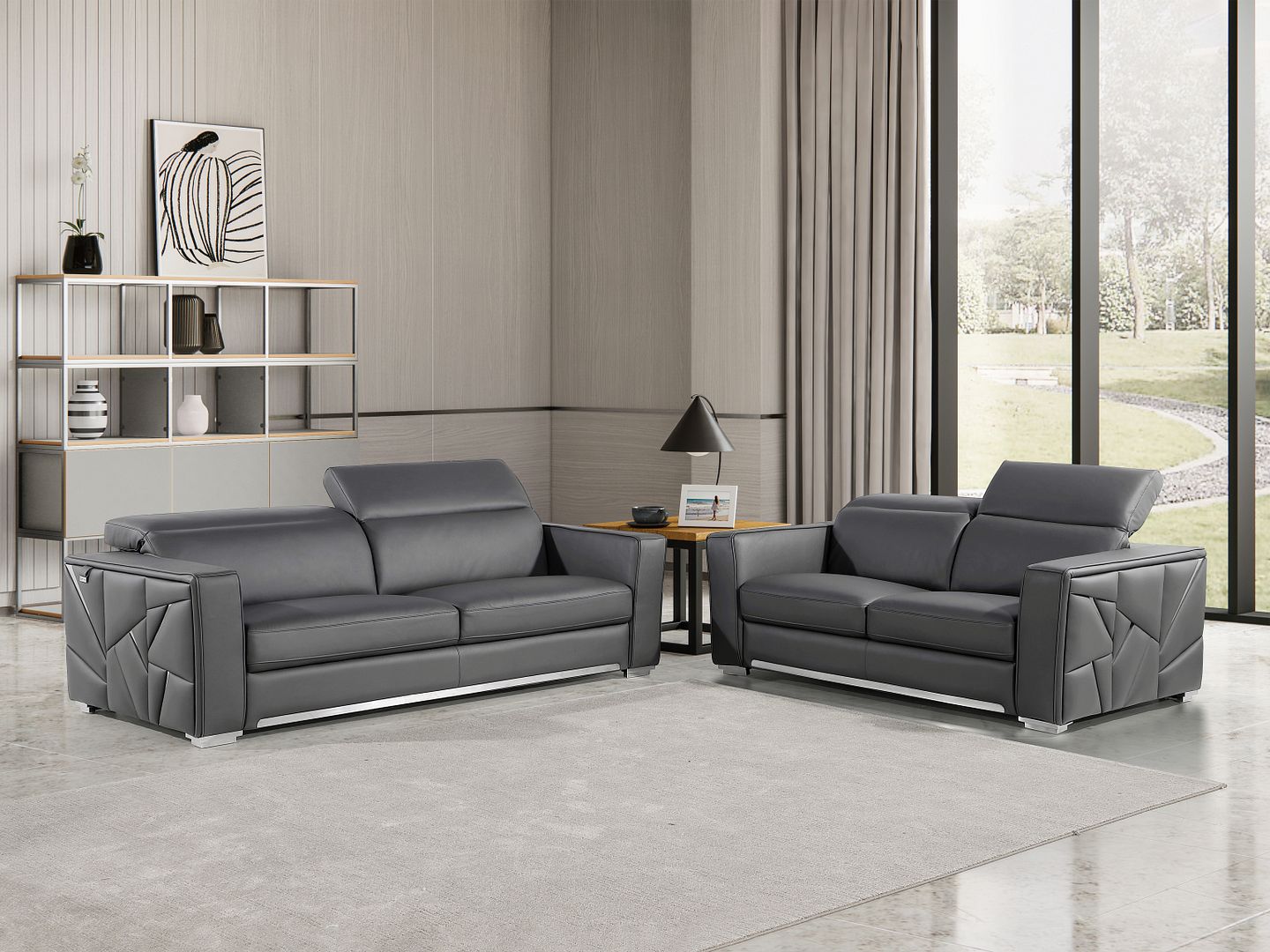 1120 Divanitalia 2-Piece Sofa Set with Adjustable Headrest in Top-grain Italian Leather - Dark Gray