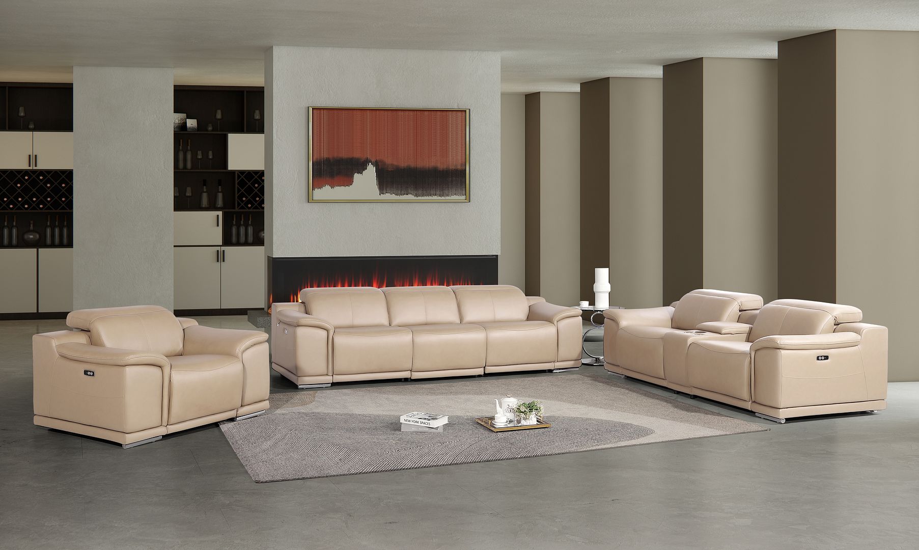2679 Power Reclining Sofa, Console Loveseat & Chair Set in Genuine Leather - 6 Recliners - Beige