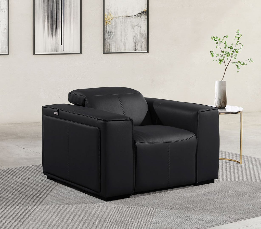 1126 Divanitalia Top Grain Italian Leather Power Reclining Chair with Power Headrests - Black - SKU 1224-BLACK-CH