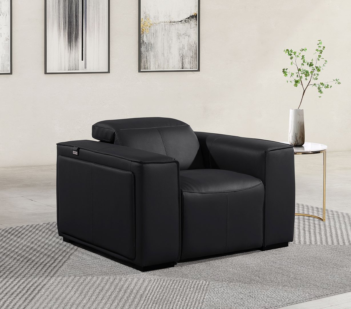 1126 Divanitalia Top Grain Italian Leather Power Reclining Chair with Power Headrests - Black