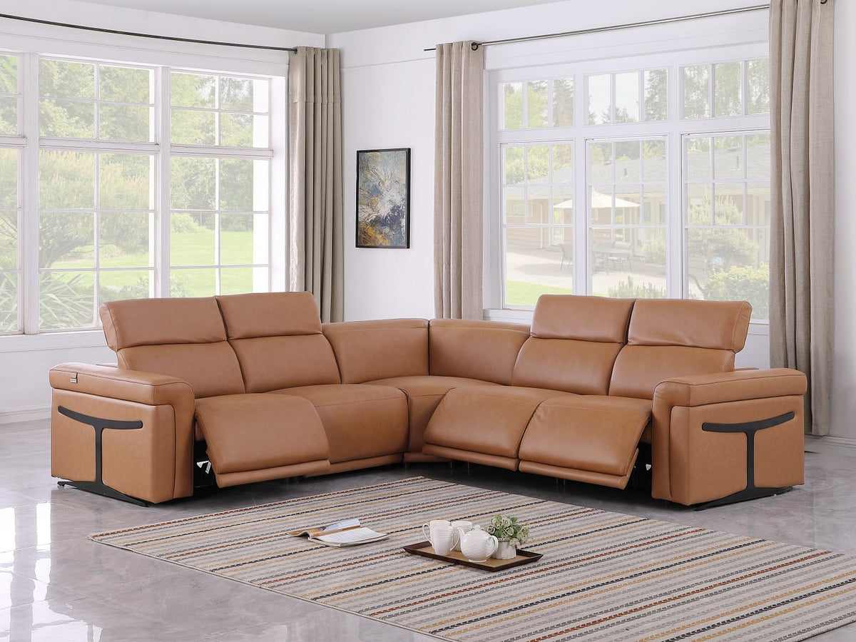 1126 Divanitalia 5-Piece L-Shaped Sectional Sofa in Top Grain Italian Leather with 3 Power Recliners & Power Headrests - Cognac - SKU 1126-COGNAC-SEC-5PC-3PWR-SECTIONAL-GROUP - view 2