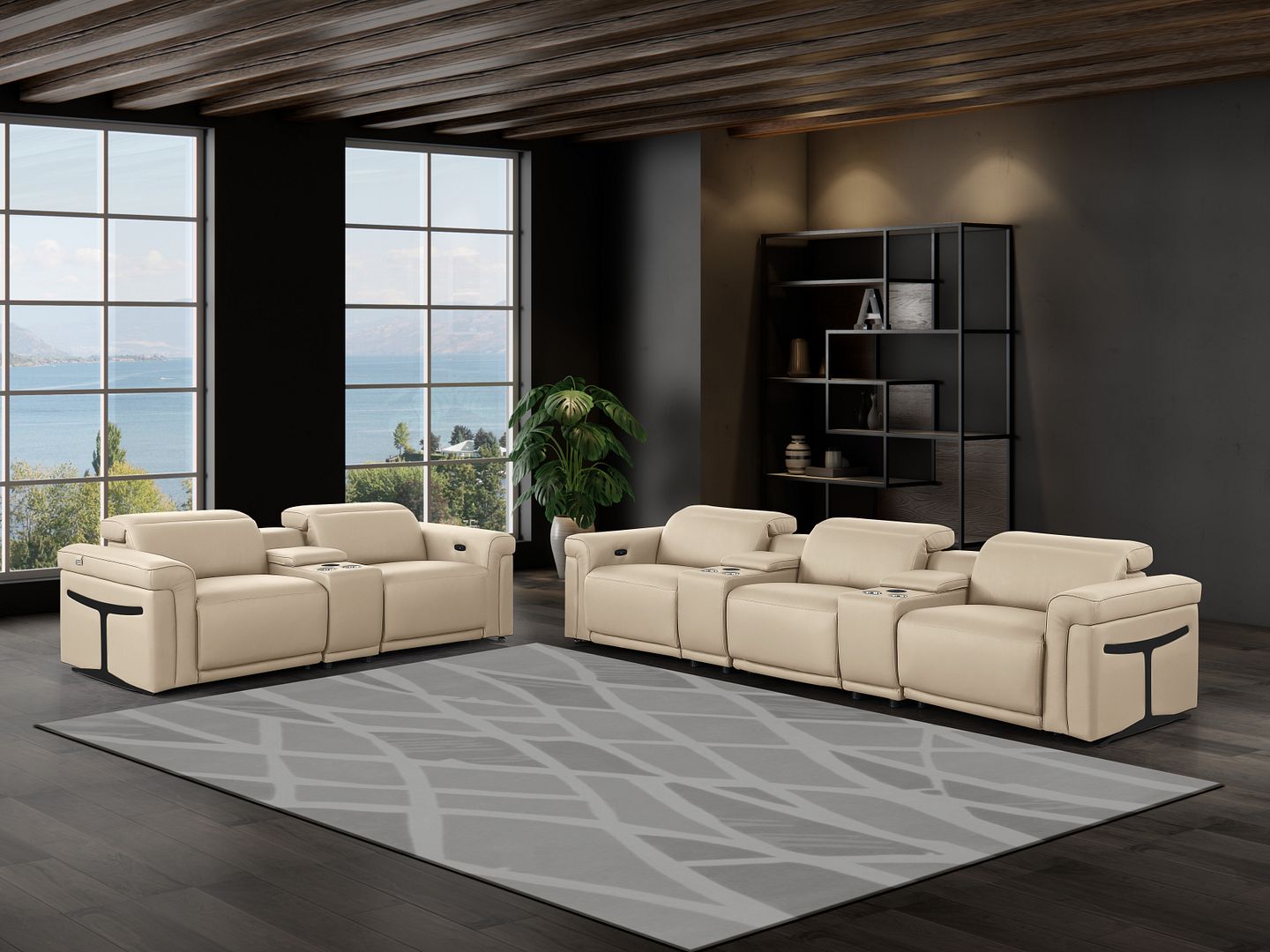 1126 Divanitalia 8-Piece Modular Power Reclining Sofa & Loveseat Set in Top Grain Italian Leather with 5 Power Recliners & Power Headrests - Beige