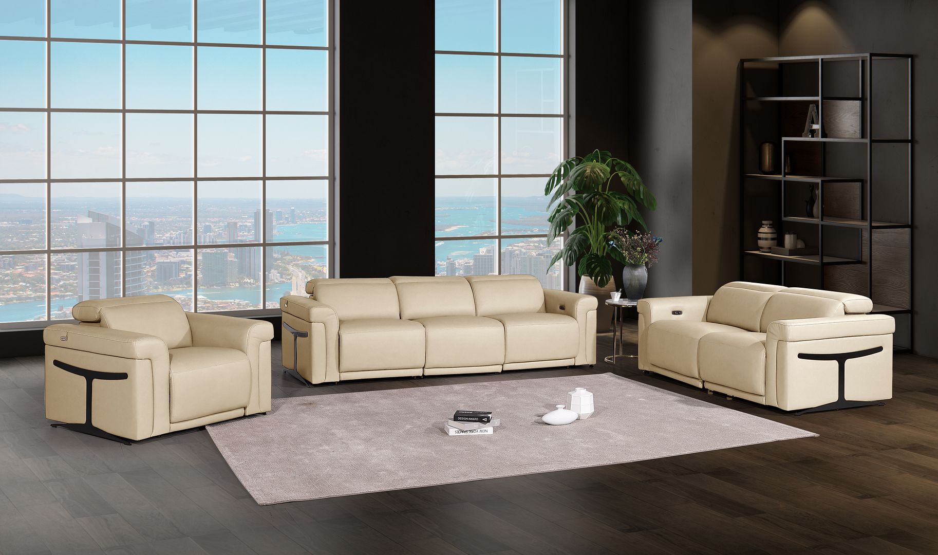 1126 Divanitalia 6-Piece Modular Power Reclining Sofa, Loveseat & Chair Set in Top Grain Italian Leather with 6 Power Recliners & Power Headrests - Beige