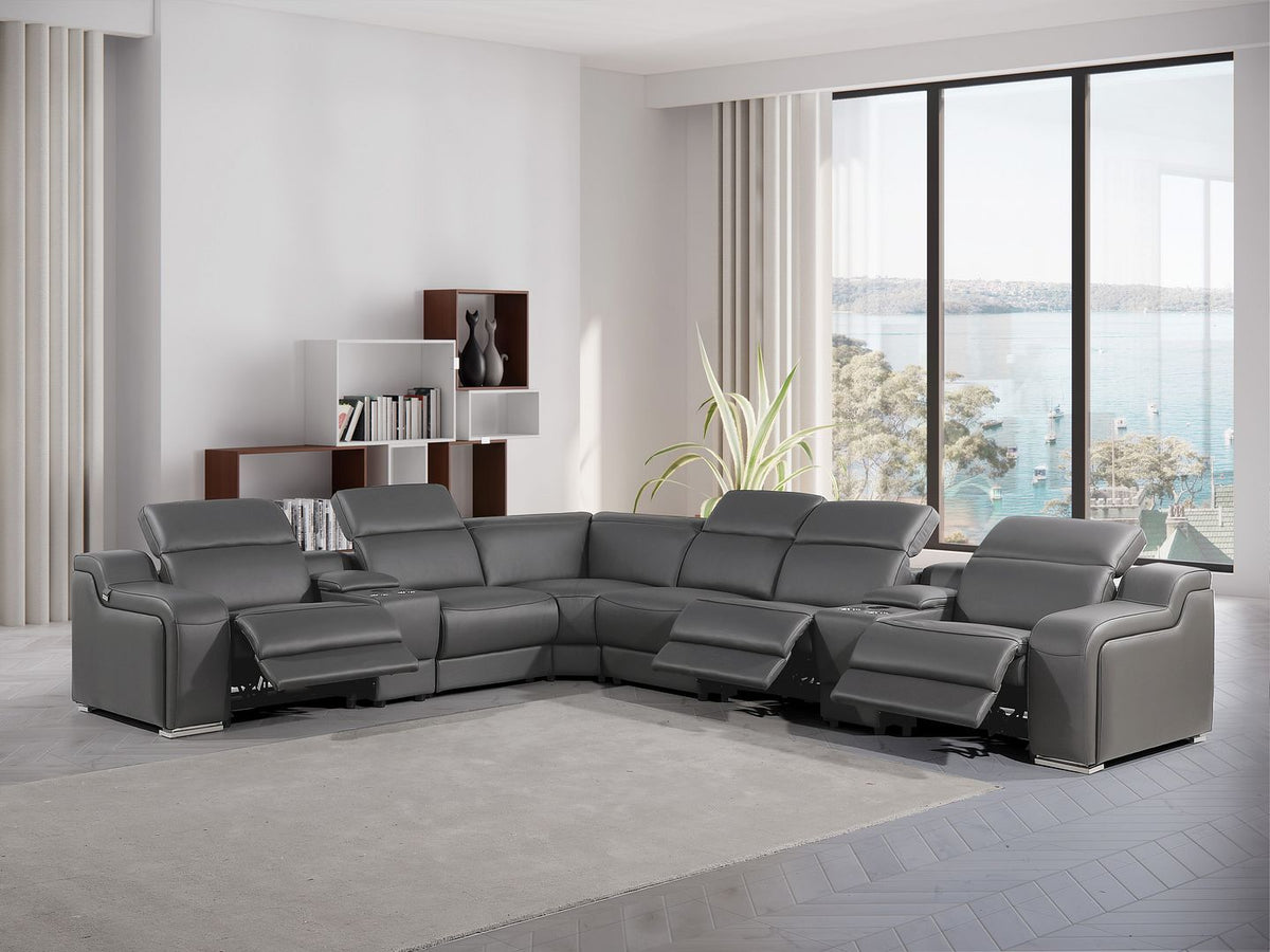 1116 Divanitalia 8-Piece L-Shaped Sectional Sofa in Top Grain Italian Leather with 3 Power Recliners & Power Headrests - Dark Grey - SKU 1116-DK-GREY-8PC-3PWR-SECTIONAL- GROUP