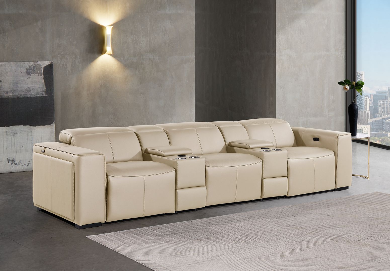 1224 Divanitalia 5-Piece Modular Power Reclining Sofa in Top Grain Italian Leather with 3 Power Recliners & Power Headrests - Beige