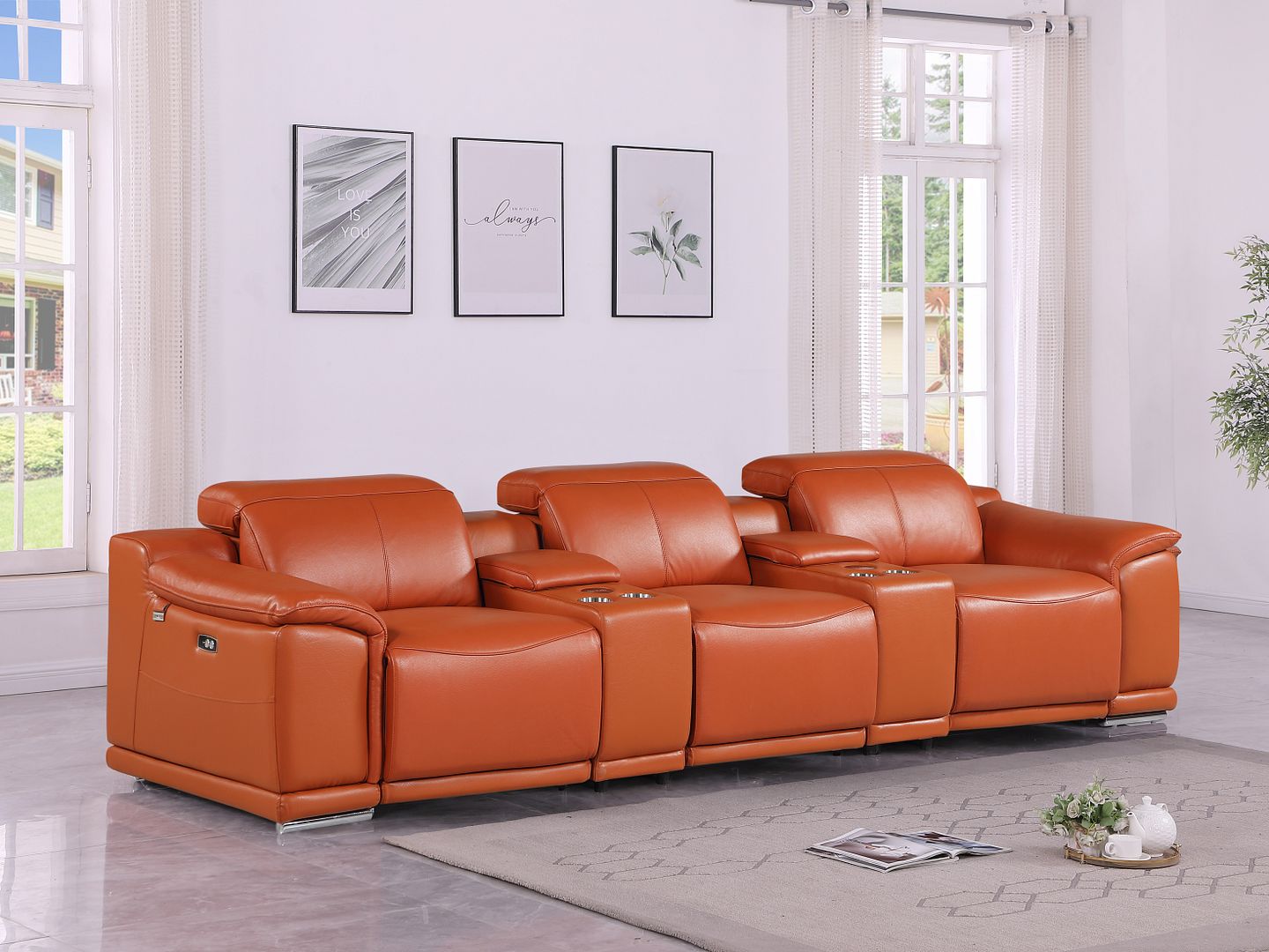 9762 Divanitalia 5-Piece Modular Power Reclining Sofa and Loveseat Set with 3 Power Recliners in Top Grain Italian Leather - Camel
