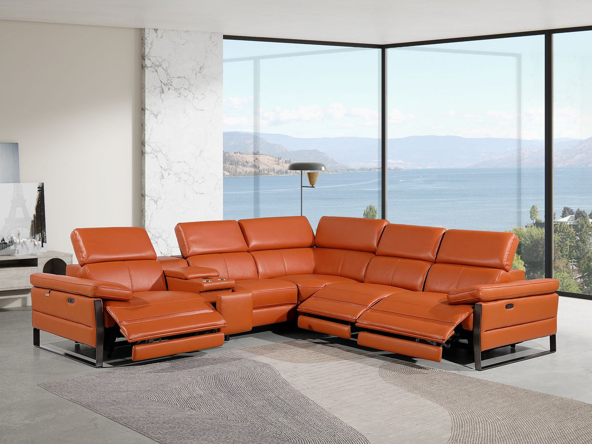 1246 Divanitalia 6-Piece L-Shaped Modular Power Reclining Sectional Sofa with 3 Power Recliners and Power Headrests - Top Grain Italian Leather - Camel - SKU 1246-CAMEL-6PC-3PWR-SECTIONAL - view 2