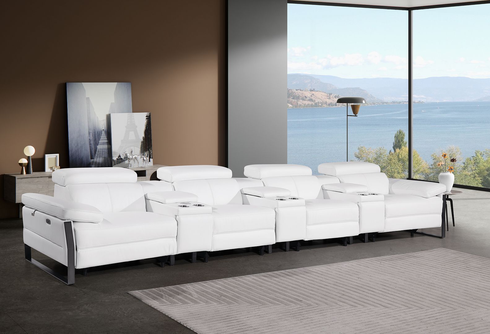 1246 Divanitalia Modular Power Triple Reclining Triple Console Sofa with Power Reclining Headrests - Top Grain Italian Leather - White