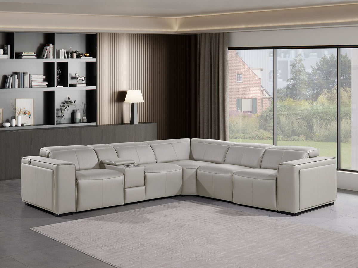 1224 Divanitalia 6-Piece L-Shaped Sectional Sofa in Top Grain Italian Leather with 3 Power Recliners & Power Headrests - Light Grey - SKU 1224-LT-GREY-6PC-3PWR-SECTIONAL