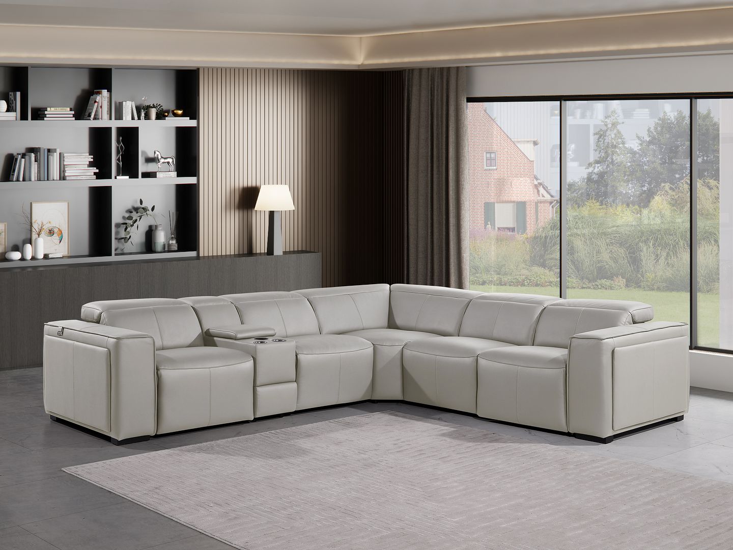 1224 Divanitalia 6-Piece L-Shaped Sectional Sofa in Top Grain Italian Leather with 3 Power Recliners & Power Headrests - Light Grey
